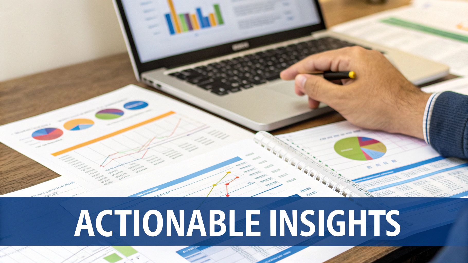 A person's hand with a pen reviewing business data on a laptop and printed charts.
