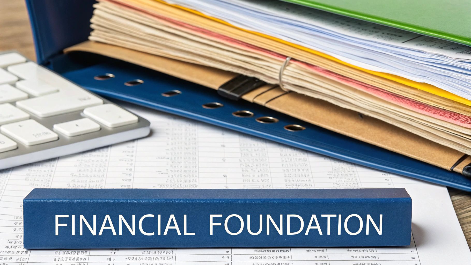 A blue box labeled 'FINANCIAL FOUNDATION' sits on a desk with financial documents, a keyboard, and binders.