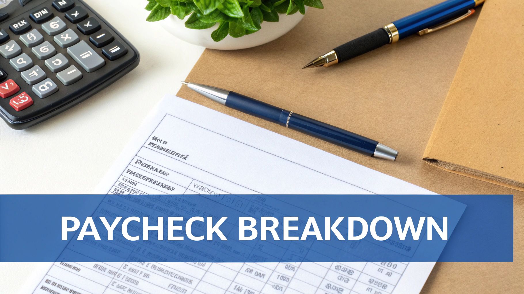 Desk with a calculator, pens, and a document displaying the text 'PAYCHECK BREAKDOWN'.