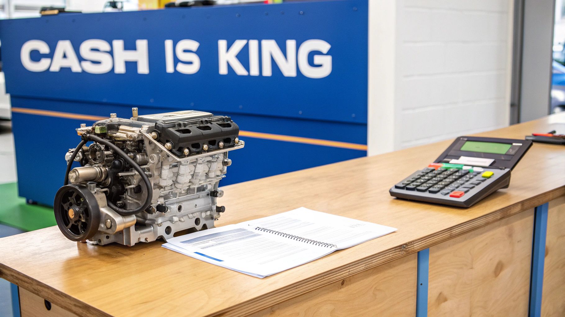 A detailed engine model on a wooden desk with an open notebook and calculator, featuring a 'CASH IS KING' sign.