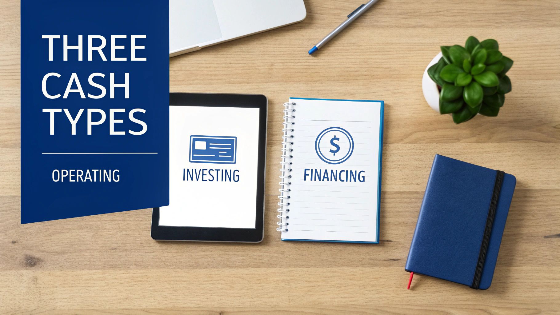 A desk flatlay showing 'THREE CASH TYPES: OPERATING, INVESTING, FINANCING' on digital devices.