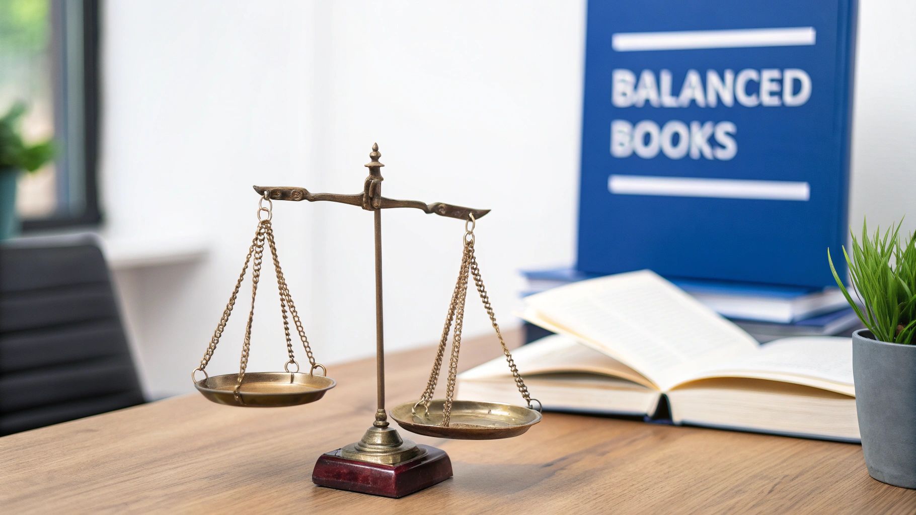 Brass balance scale on a wooden desk with 'BALANCED BOOKS' and an open book.