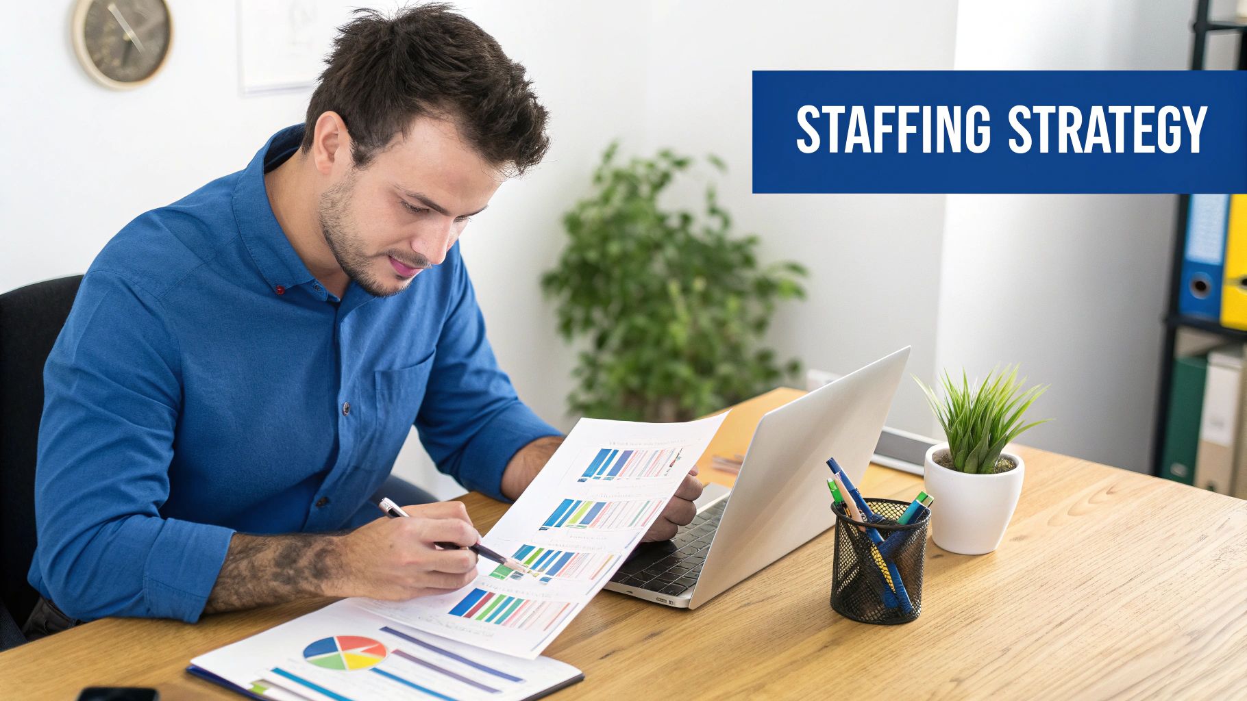 Man in a blue shirt reviewing charts and graphs on a document for staffing strategy.