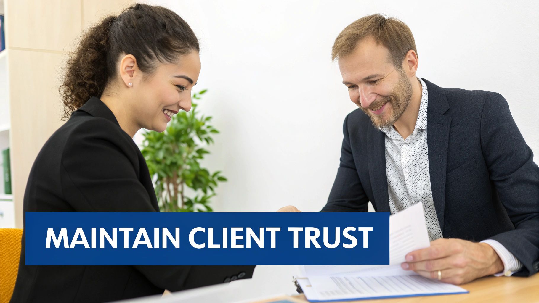 Professional business meeting with client discussing documents to maintain trust and transparency