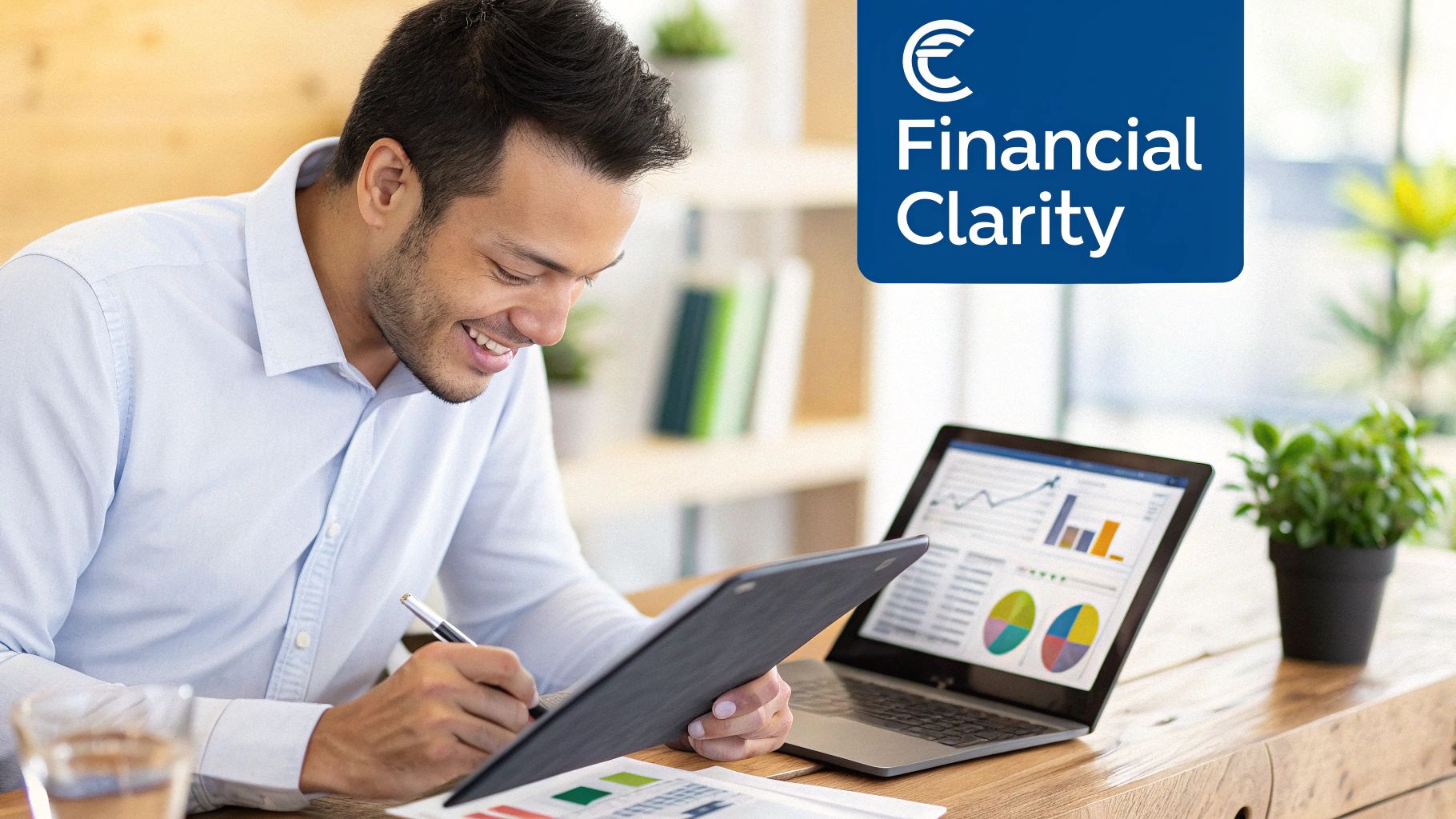 A smiling man reviews financial data on a tablet and laptop, with charts and graphs.