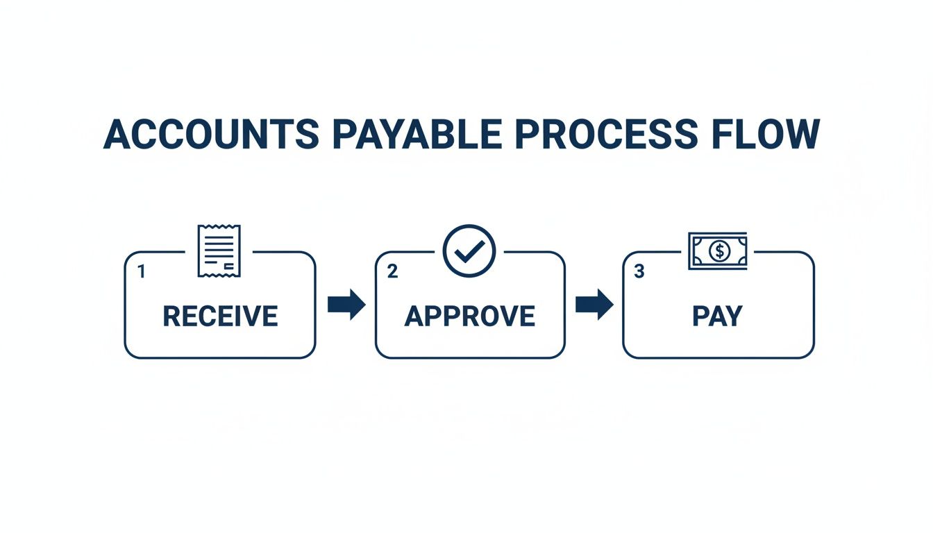 An infographic illustrating the three-step accounts payable process: receive, approve, and pay.