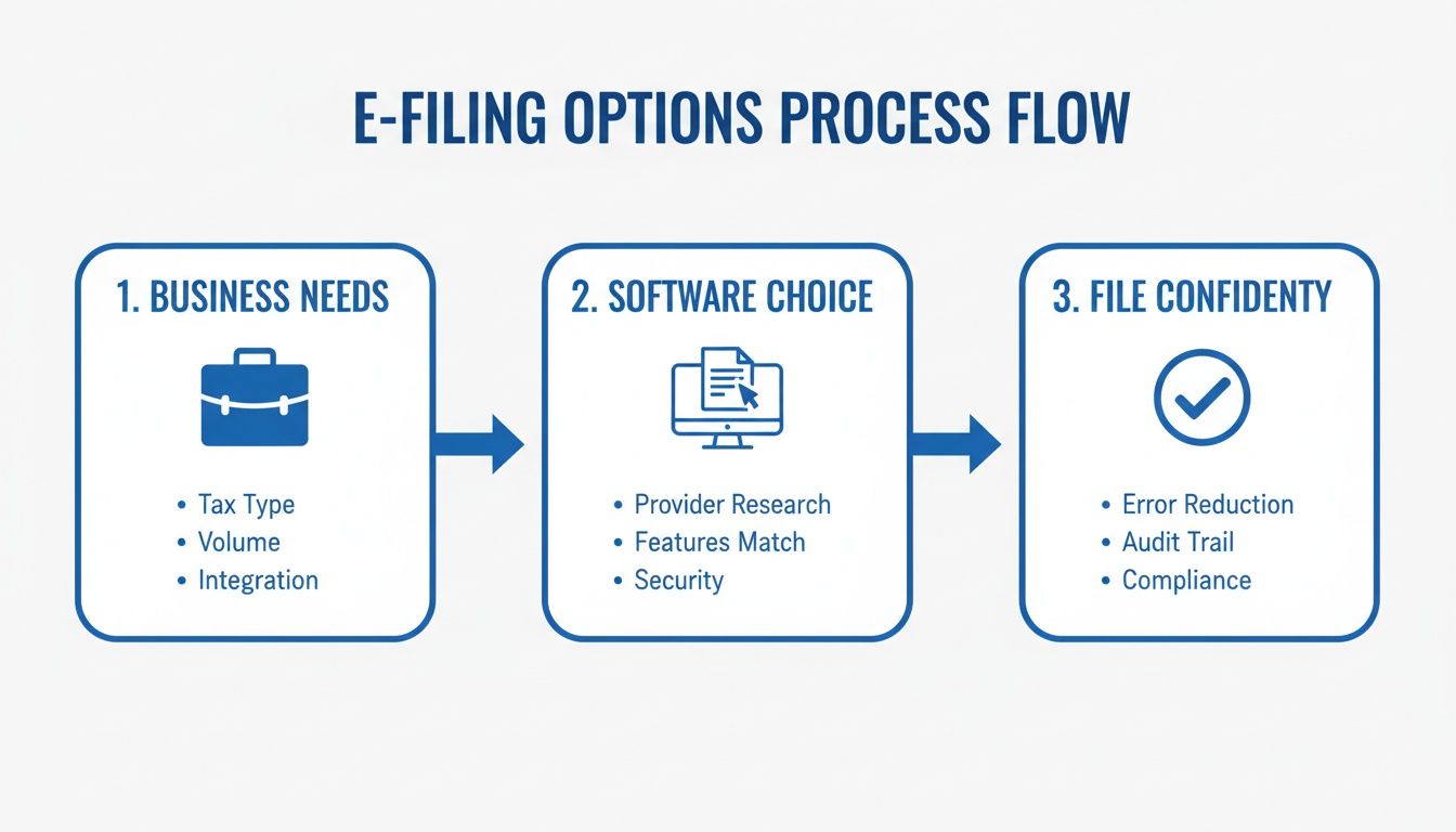A process flow for E-filing options, detailing steps for business needs, software choice, and confident filing.