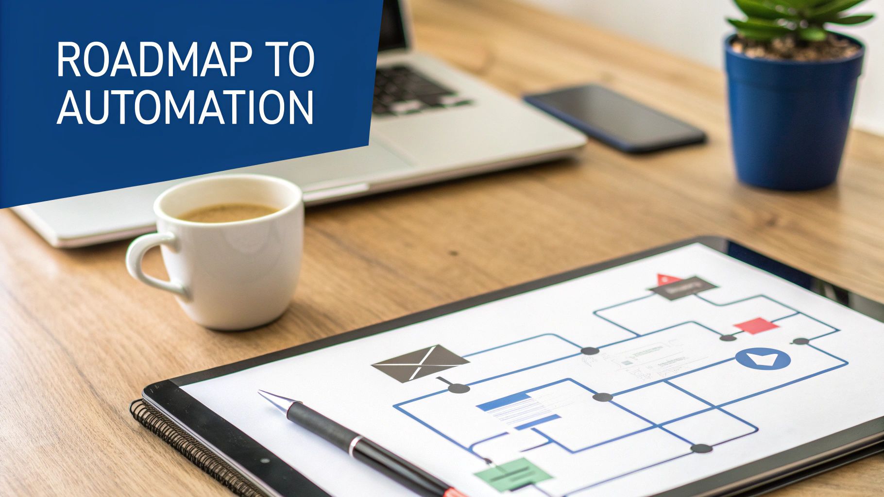Overhead view of a workspace with 'ROADMAP TO AUTOMATION' text, laptop, coffee, and a process flowchart.