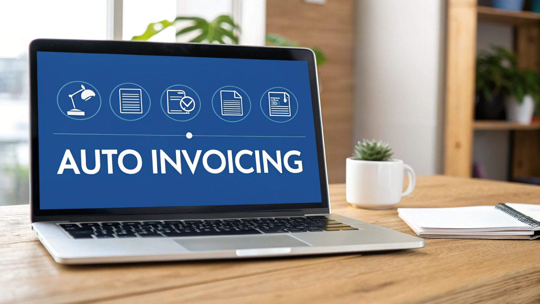 Laptop displaying auto invoicing workflow with icons showing automated billing process on desk