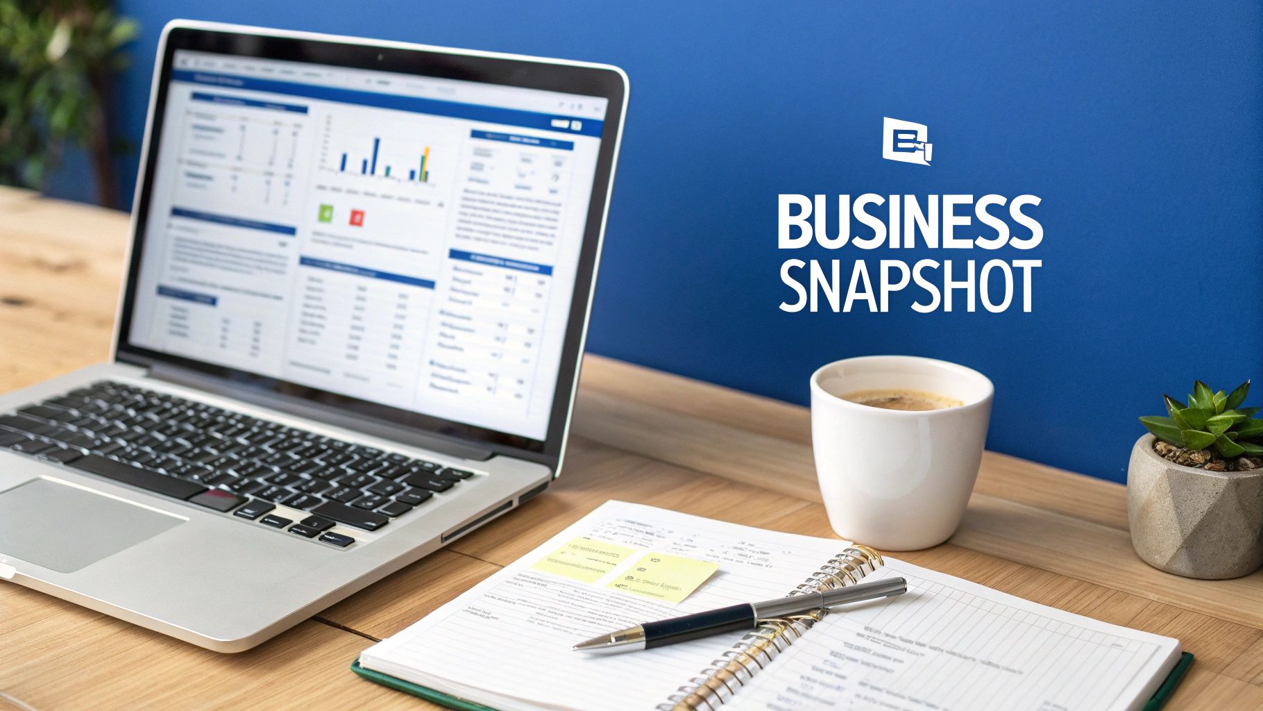 A laptop displaying business analytics with charts and data, alongside a notebook, coffee, and plant.
