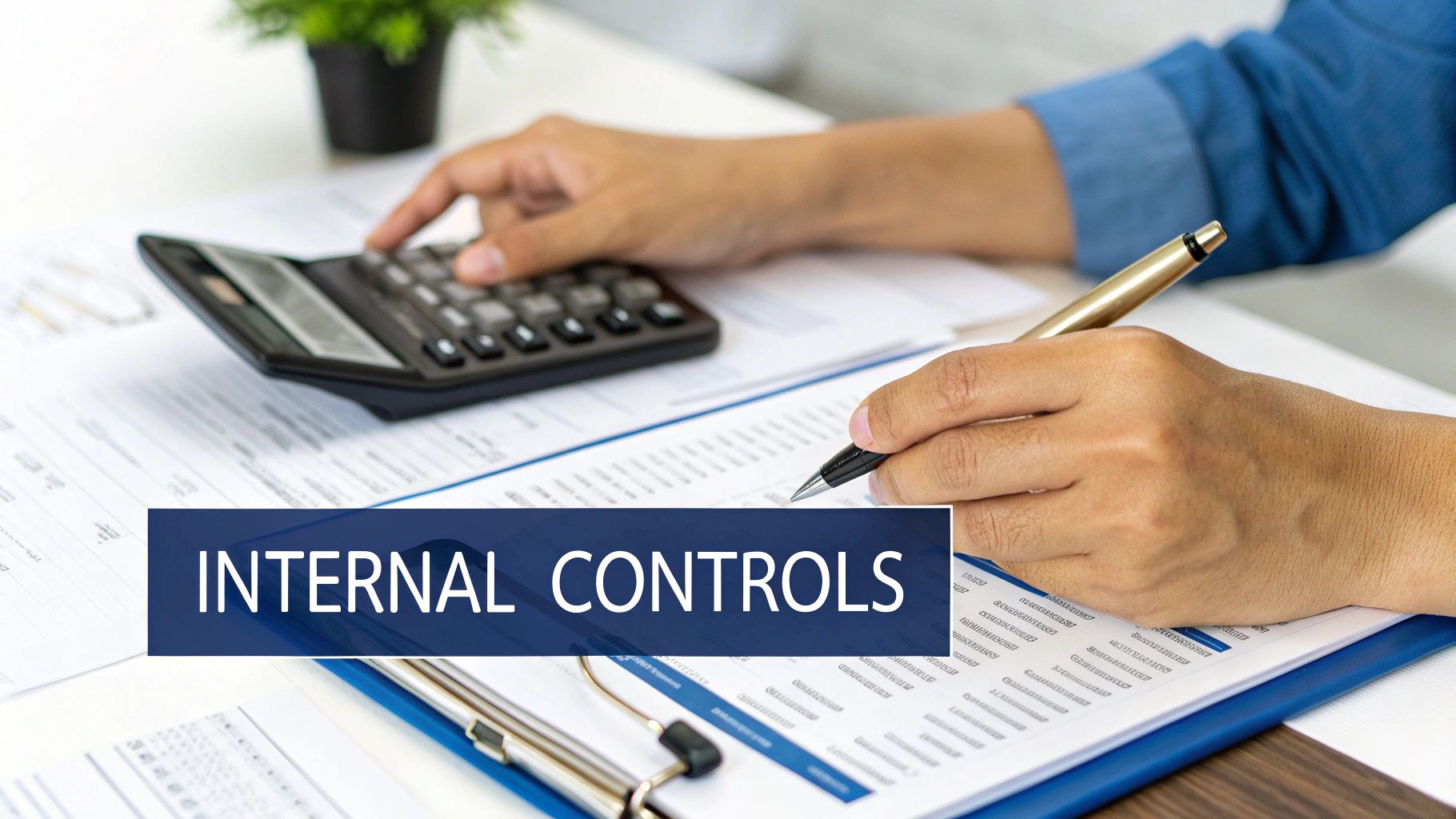 Person calculating and writing on financial documents with 'Internal Controls' overlay, representing auditing.