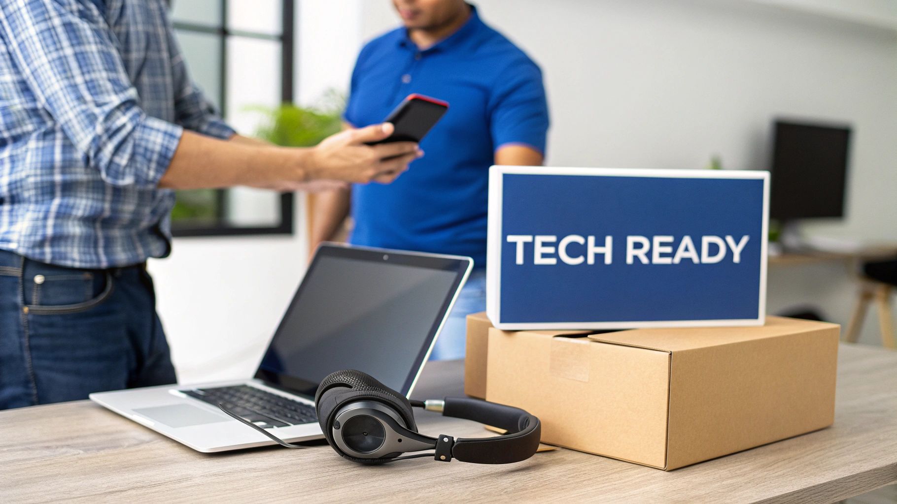 Two employees prepare new tech equipment for onboarding, including a laptop, headphones, and a 'Tech Ready' sign.
