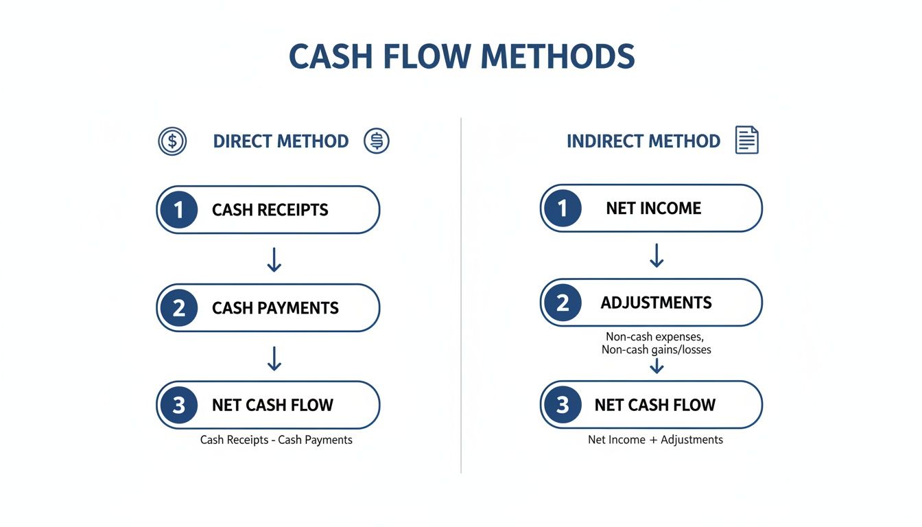 Infographic comparing the direct and indirect methods for cash flow calculation.