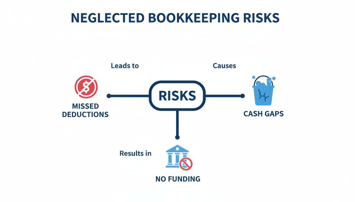 Diagram outlining the risks of neglected bookkeeping: missed deductions, cash gaps, and no funding.