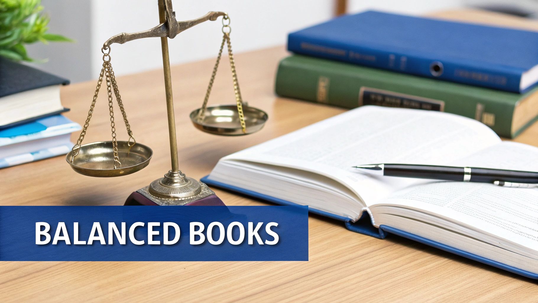 Brass scale of justice, open book with pen, and books on a wooden desk, with 'BALANCED BOOKS' text.