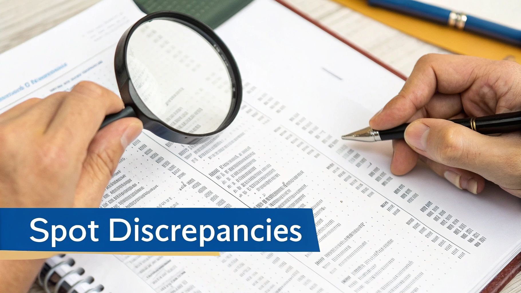 Hands using a magnifying glass and pen to review financial documents, spotting discrepancies.