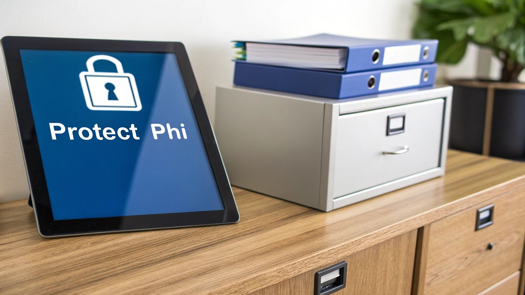 A tablet displays 'Protect Phi' with a padlock icon, next to a filing cabinet and binders, symbolizing data security.