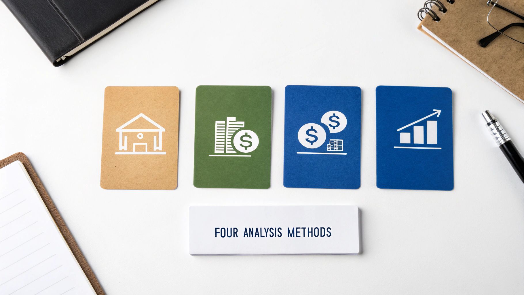 Four analysis methods cards depicting icons for banking, real estate, money, and growth on a white desk.