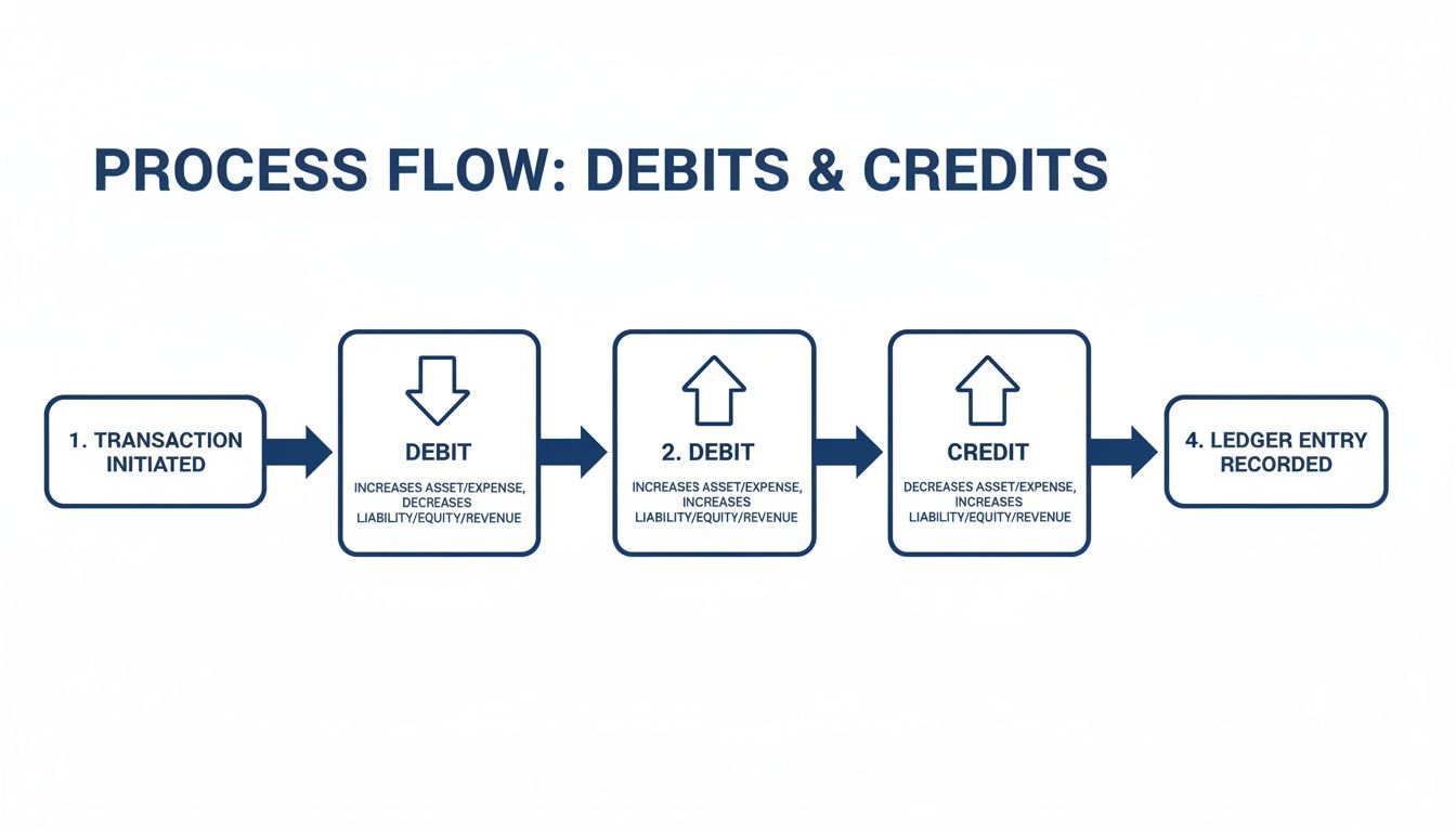 Process flow diagram illustrates debits and credits in accounting and their impact on various financial accounts.