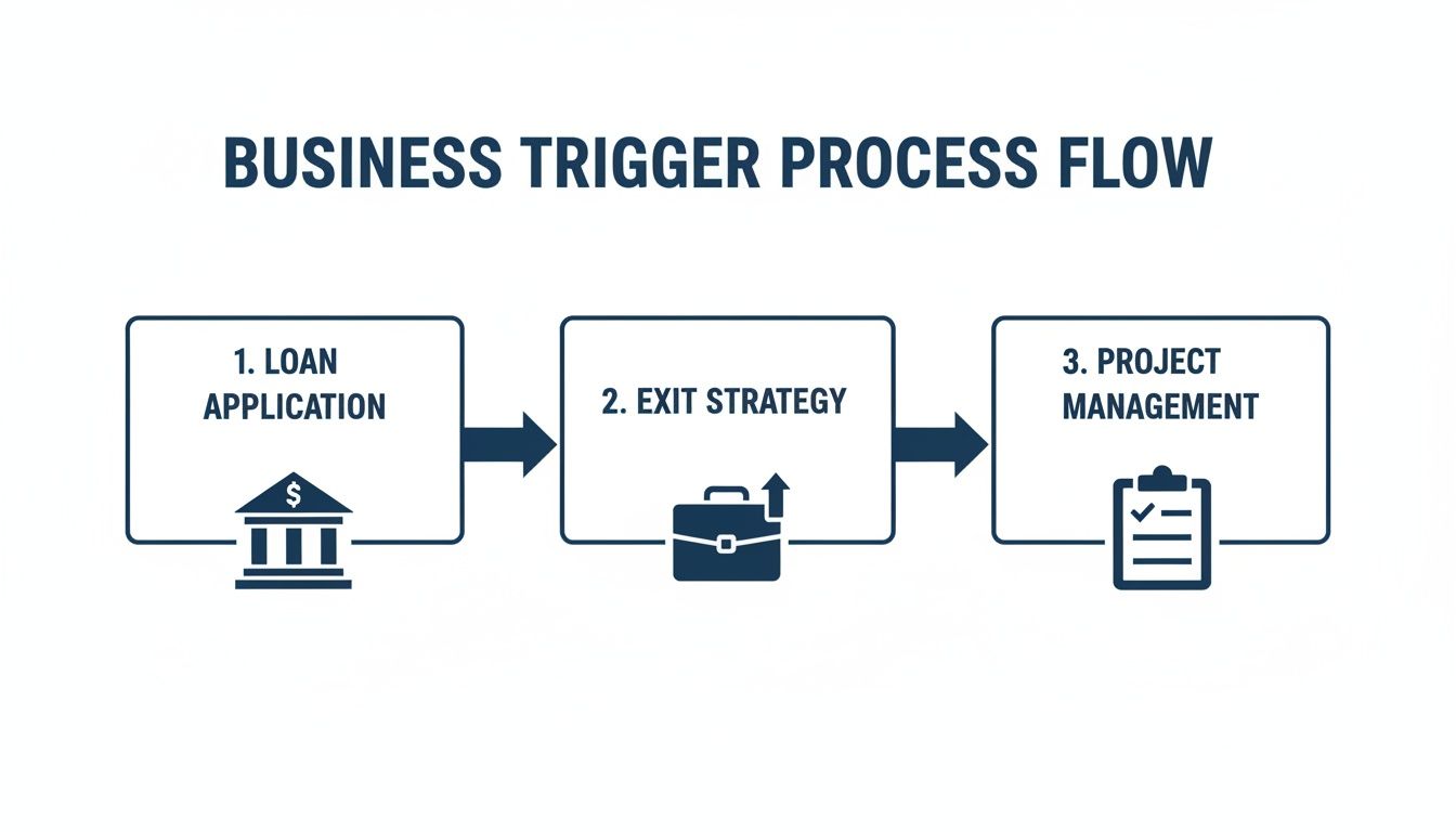 A business process flow diagram illustrating three key steps: loan application, exit strategy, and project management.