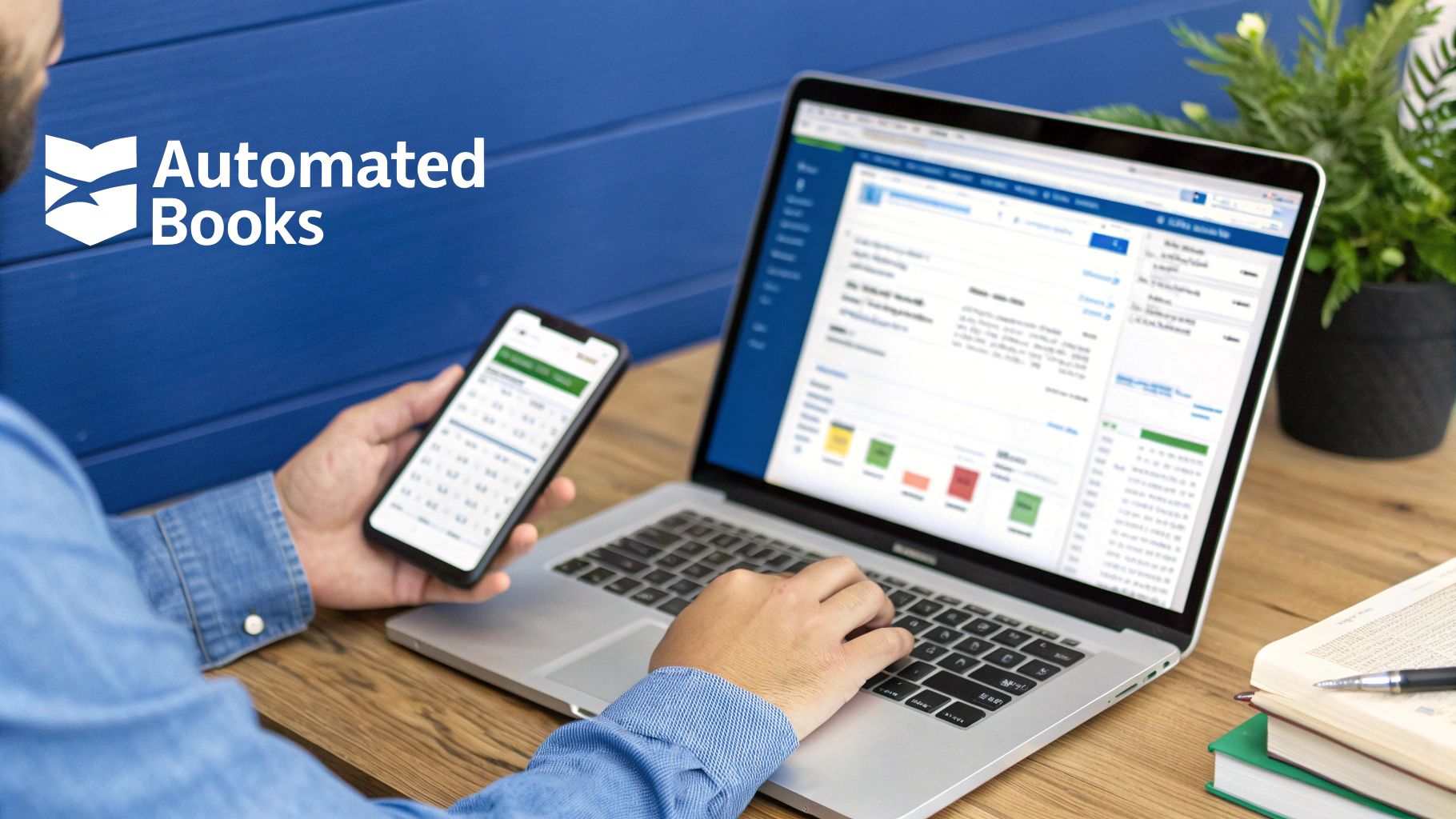 Person uses a laptop and smartphone for business, with the 'Automated Books' logo displayed.