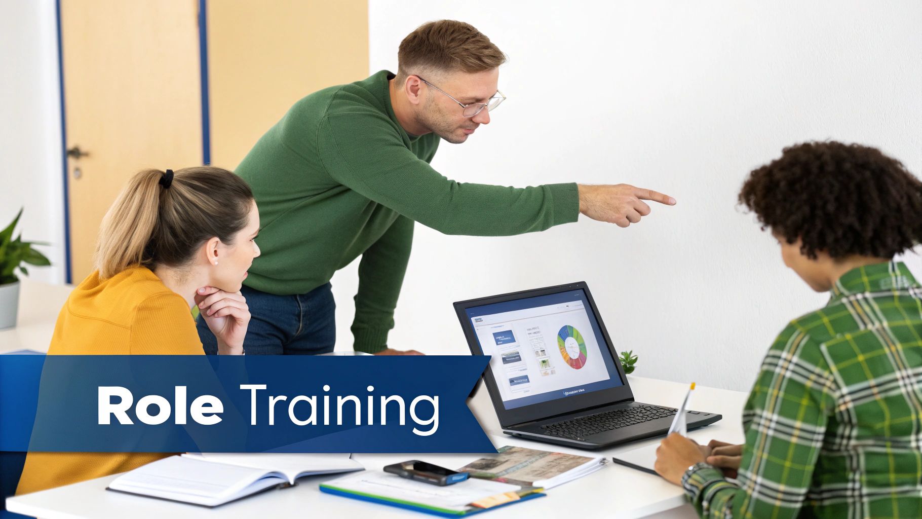A man trains two women at a desk with a laptop, labeled 'Role Training'.