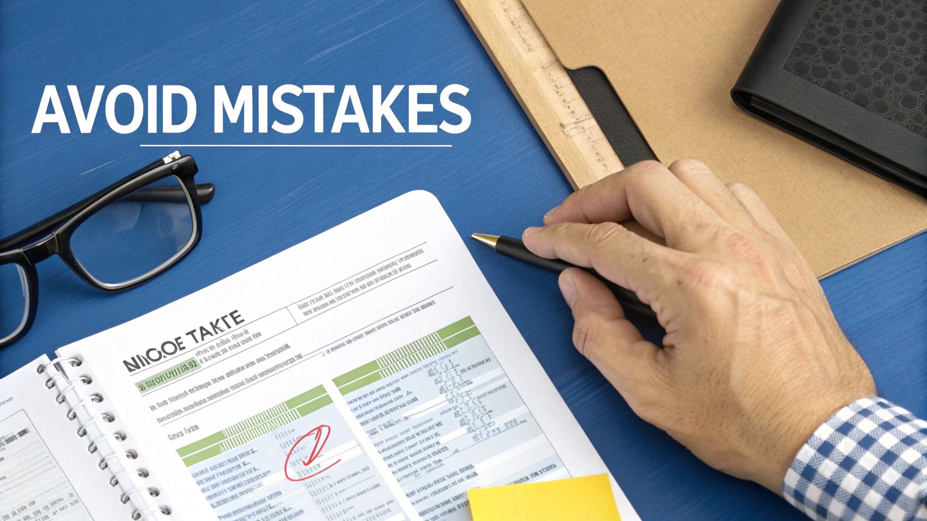 A person's hand with a pen reviewing a document with 'AVOID MISTAKES' text, glasses nearby.
