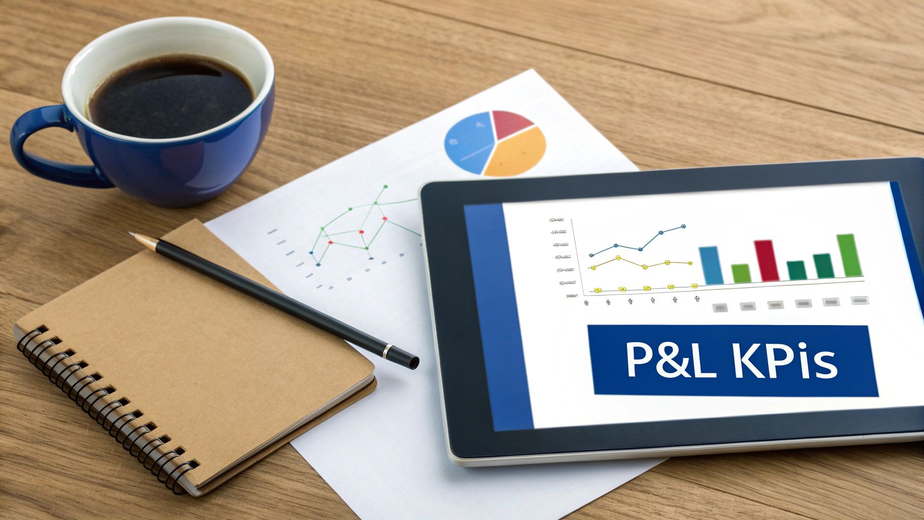 Tablet displaying P&L KPIs and charts on a business desk with coffee and a notebook.