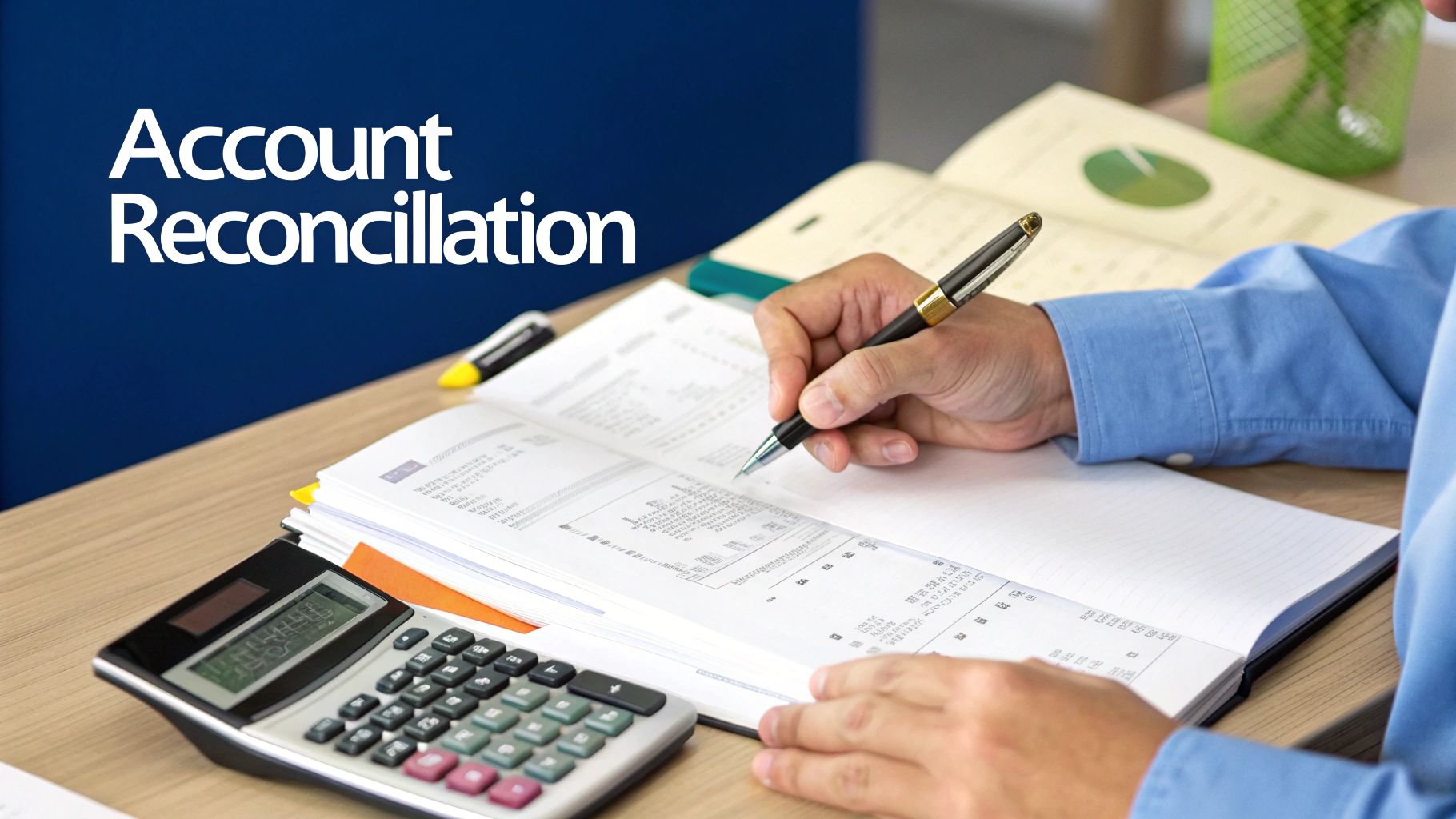 Professional accountant reviewing financial documents and performing account reconciliation with calculator and pen