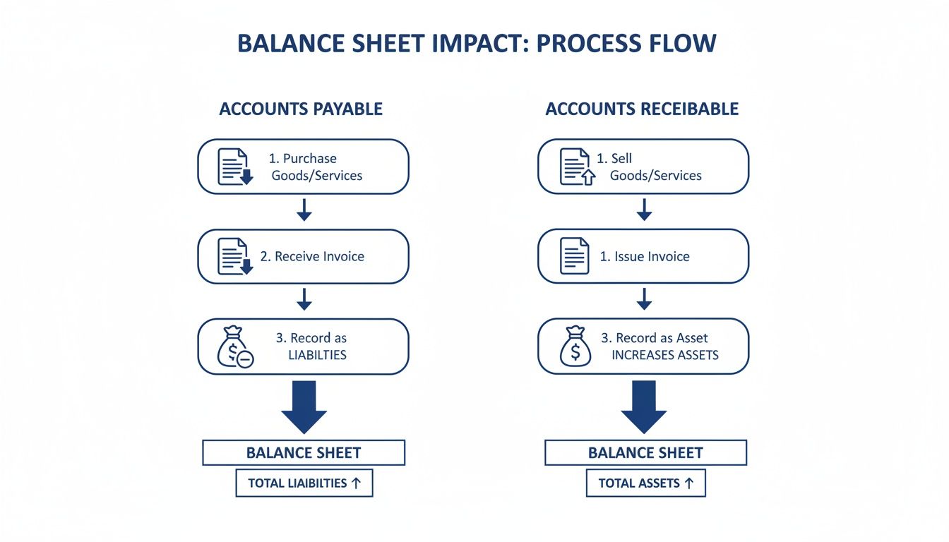 A process flow diagram illustrates the balance sheet impact of accounts payable and accounts receivable.