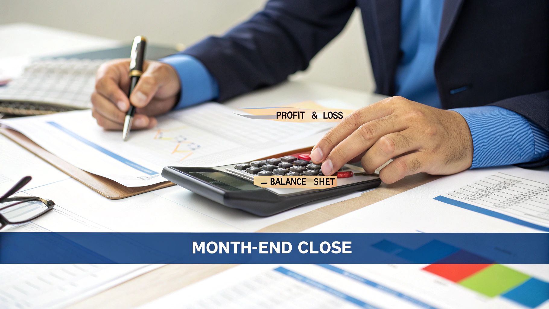 Hands of a person calculating month-end close financials, including profit & loss and balance sheet.