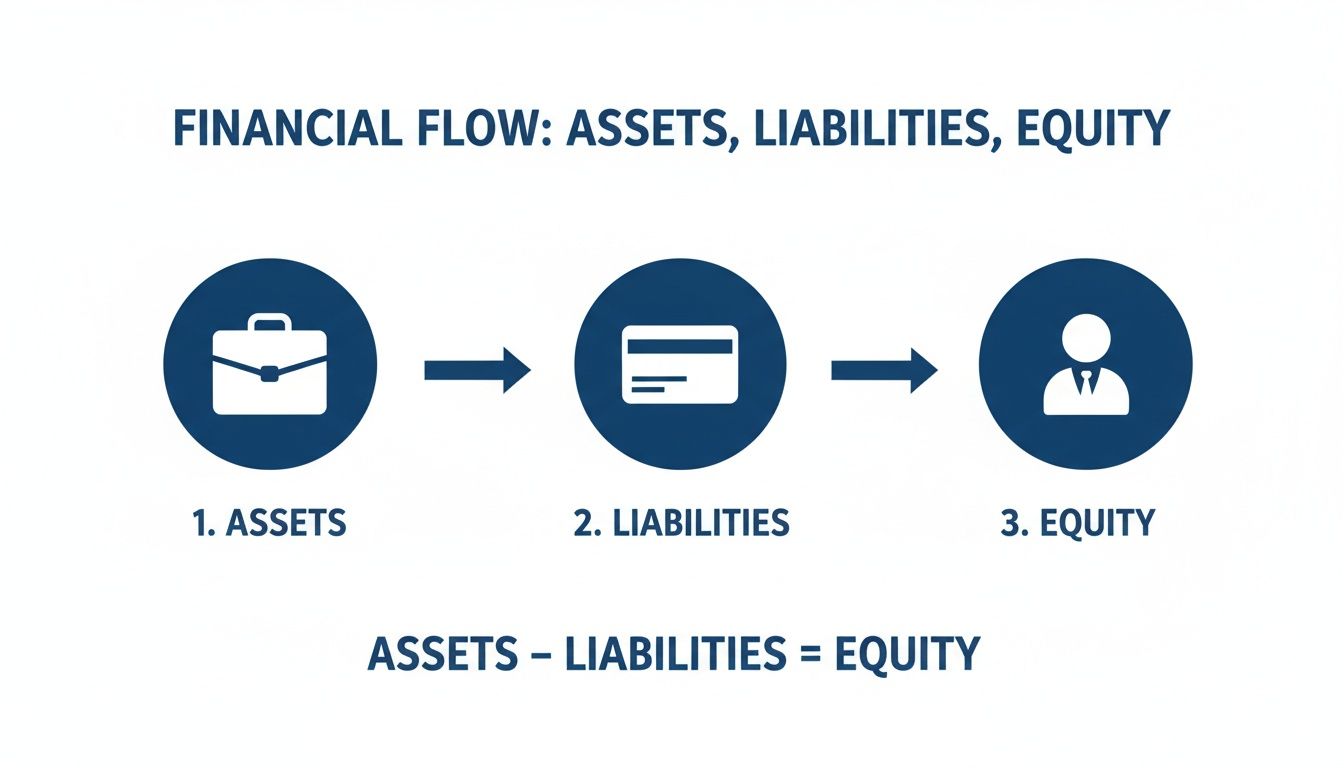 A financial flow diagram showing assets, liabilities, and equity, alongside the accounting equation.
