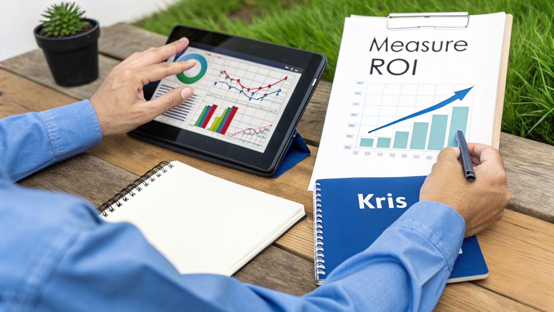 A person reviews ROI data on a tablet and a clipboard with increasing bar graphs.