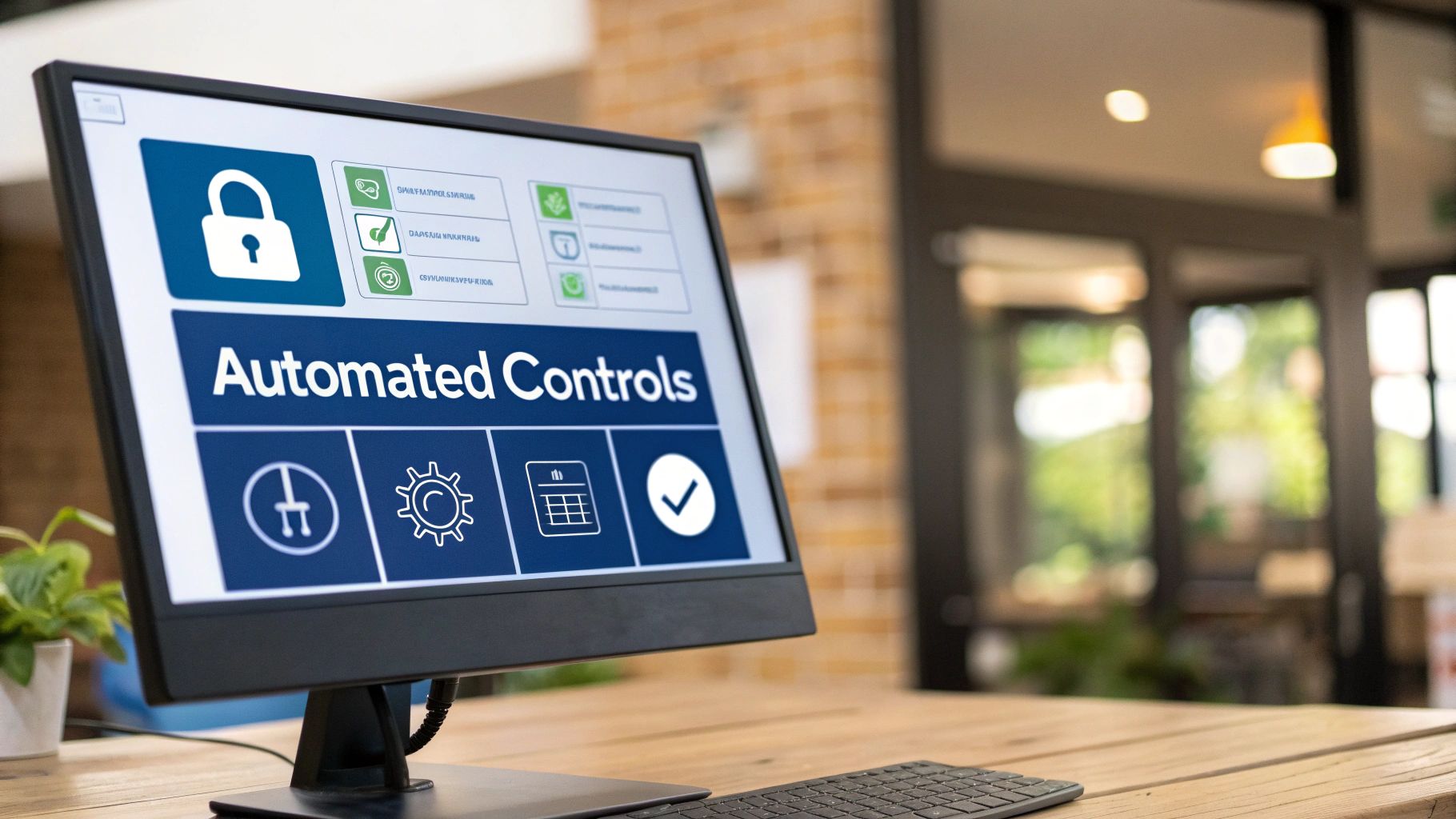 A computer monitor displays 'Automated Controls' software with security and management icons.