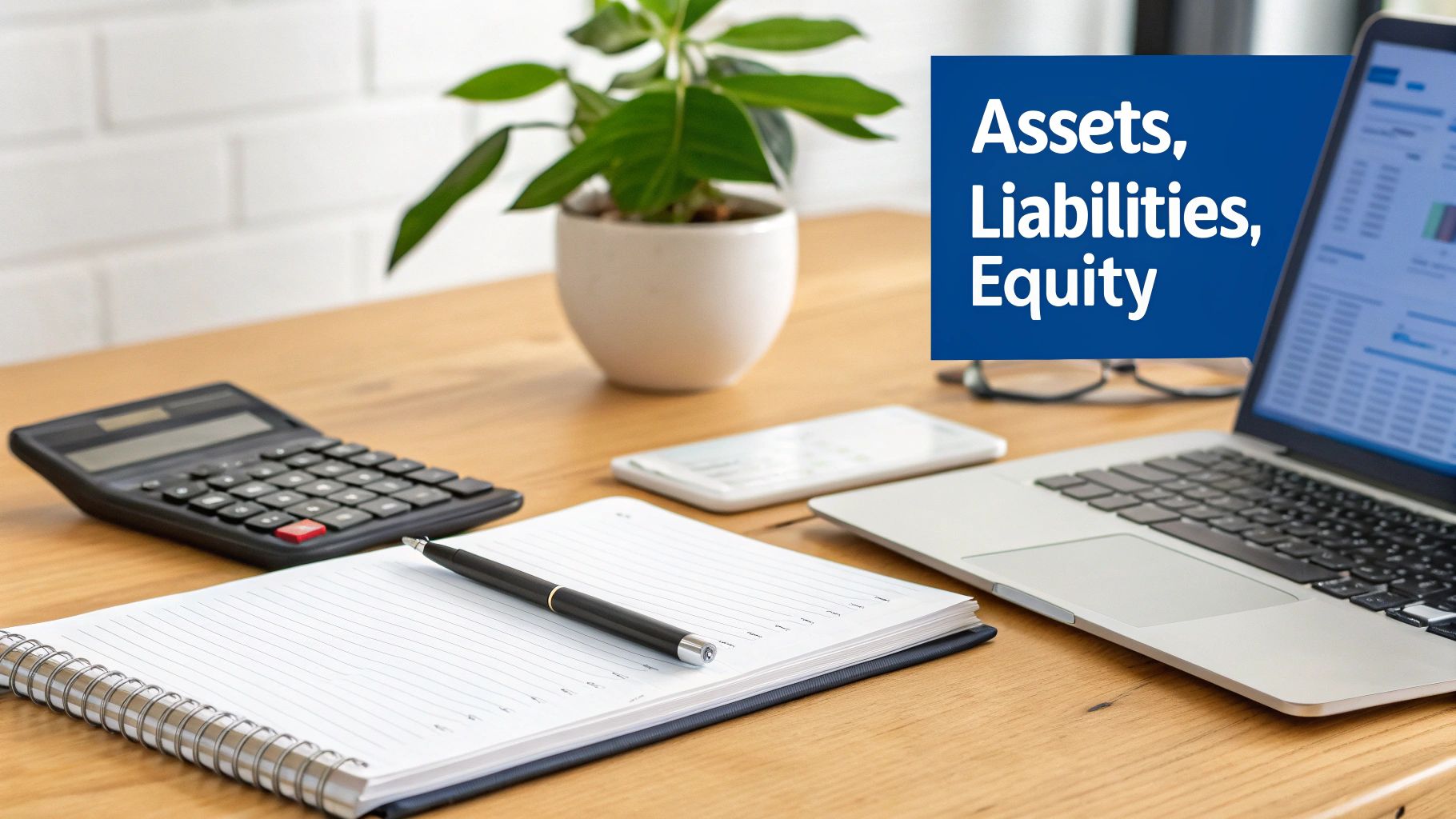 Office desk with calculator, notebook, laptop, and a blue box showing 'Assets, Liabilities, Equity'.