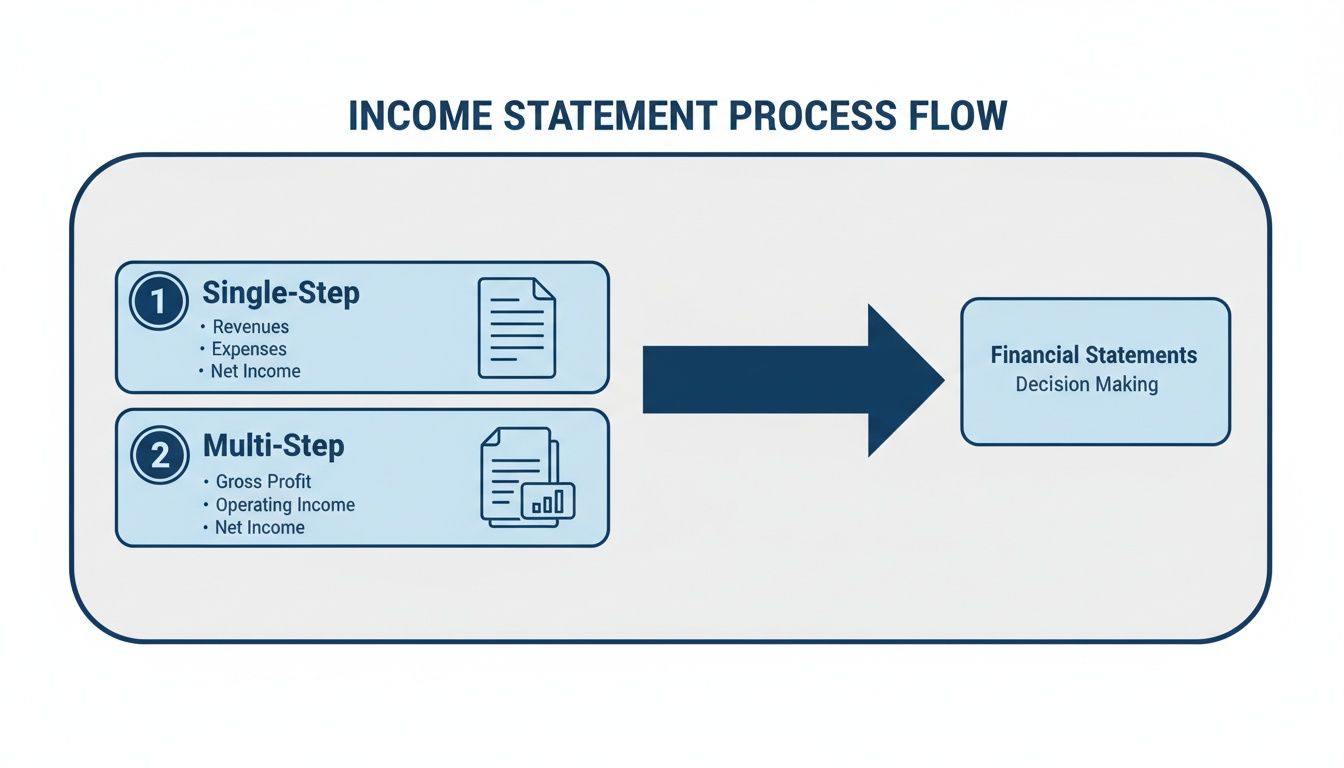 Income statement process flow diagram illustrating single-step and multi-step methods leading to financial statements for decision making.