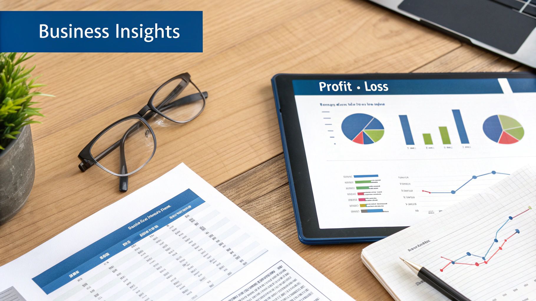 A business owner analyzing charts and graphs on a tablet, looking thoughtful and strategic.