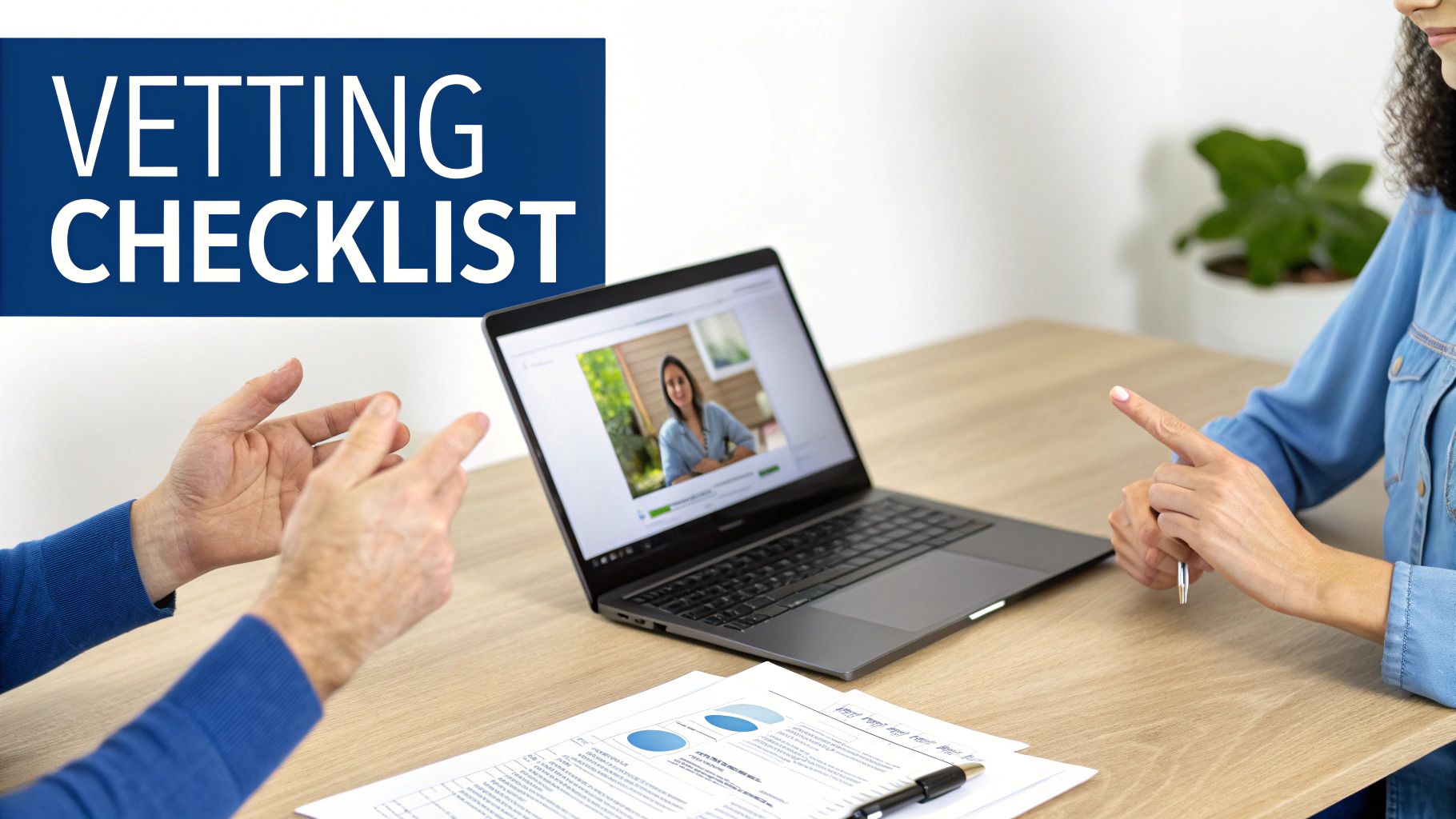 Two professionals conducting virtual vetting checklist meeting via video call on laptop