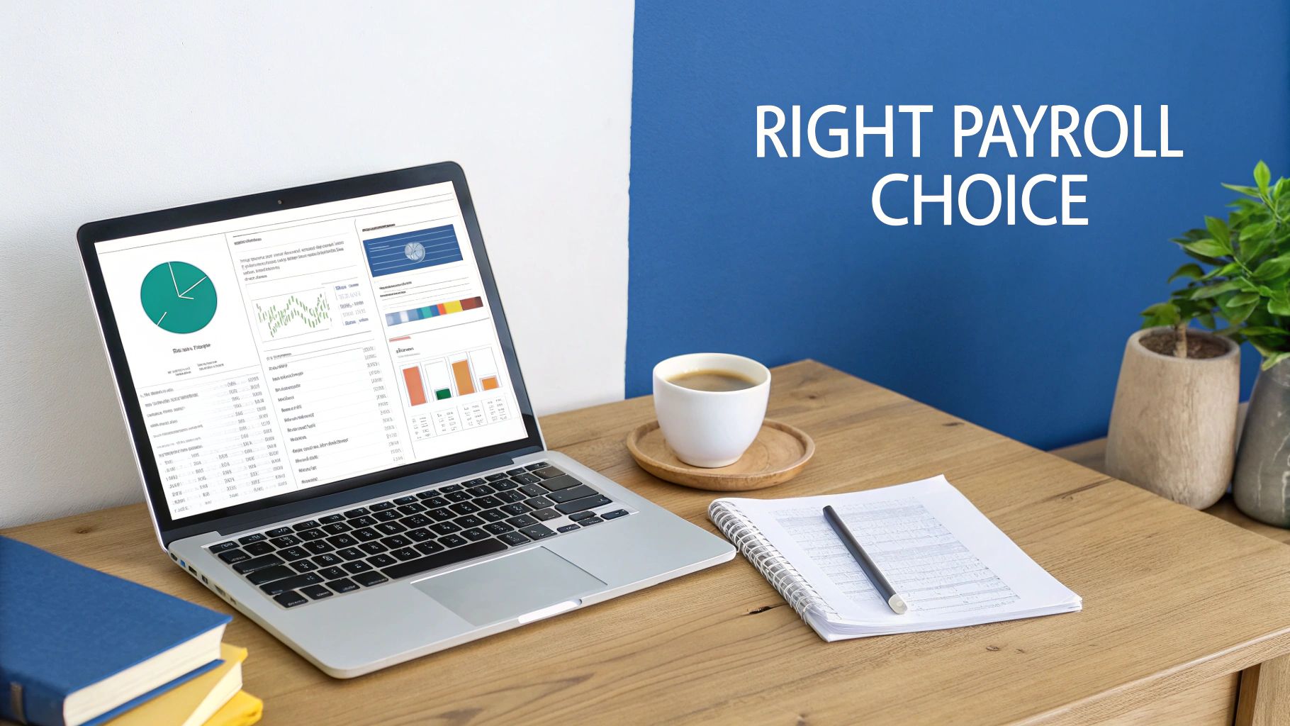 A clean workspace with a laptop displaying financial charts, coffee, and a notebook on a wooden desk.