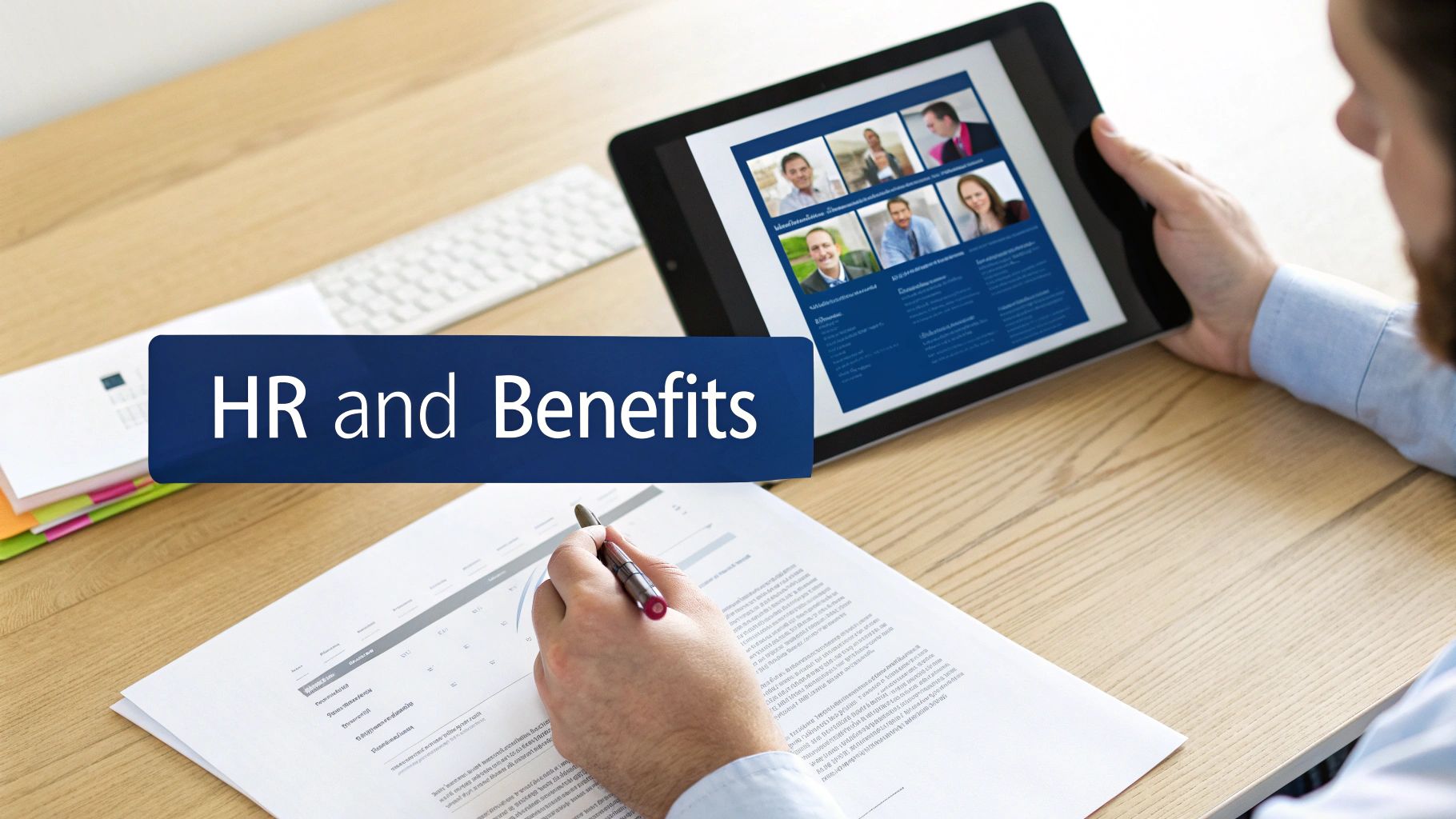 A person reviews HR and Benefits information on a tablet and paper documents at a desk.