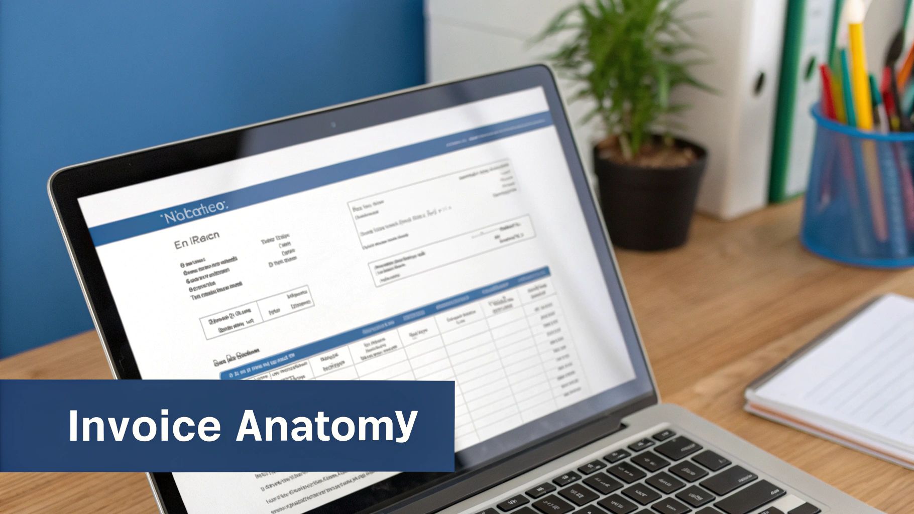Laptop displaying invoice anatomy document on wooden desk with plant and stationery