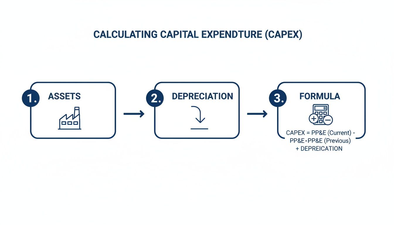 A diagram illustrating the calculation of Capital Expenditure (CAPEX) from assets, depreciation, and a financial formula.