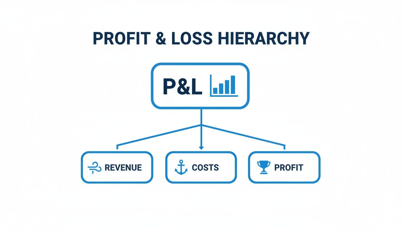 A clear hierarchy diagram illustrating Profit & Loss (P&L) components: Revenue, Costs, and Profit.