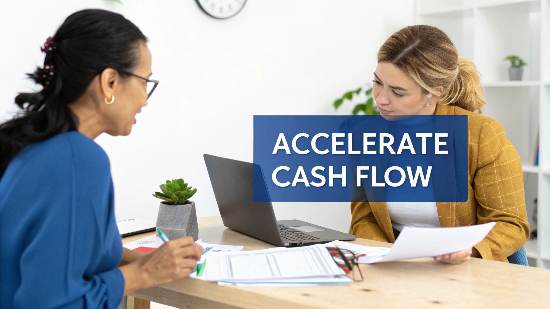 Two businesswomen review financial documents at a desk with a laptop, focusing on cash flow acceleration.