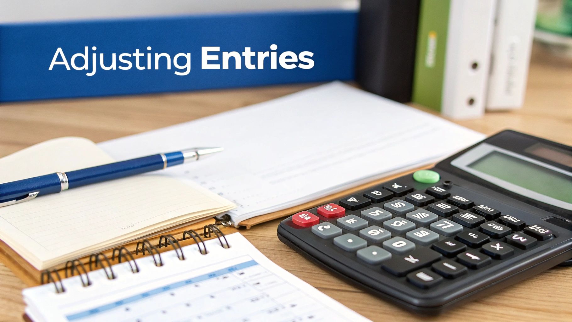 A blue binder labeled 'Adjusting Entries' sits on a wooden desk with a calculator, pen, and notebooks.