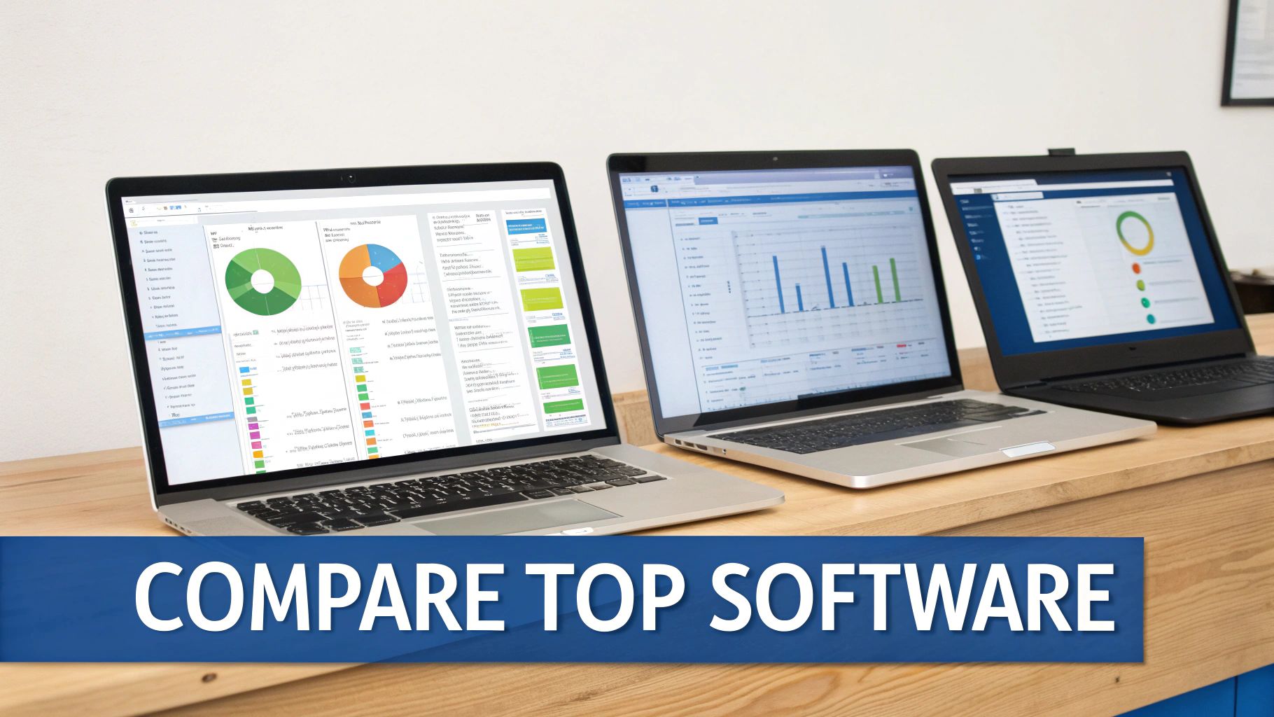 Three laptops on a wooden desk displaying software dashboards with various charts and graphs, highlighting software comparison.