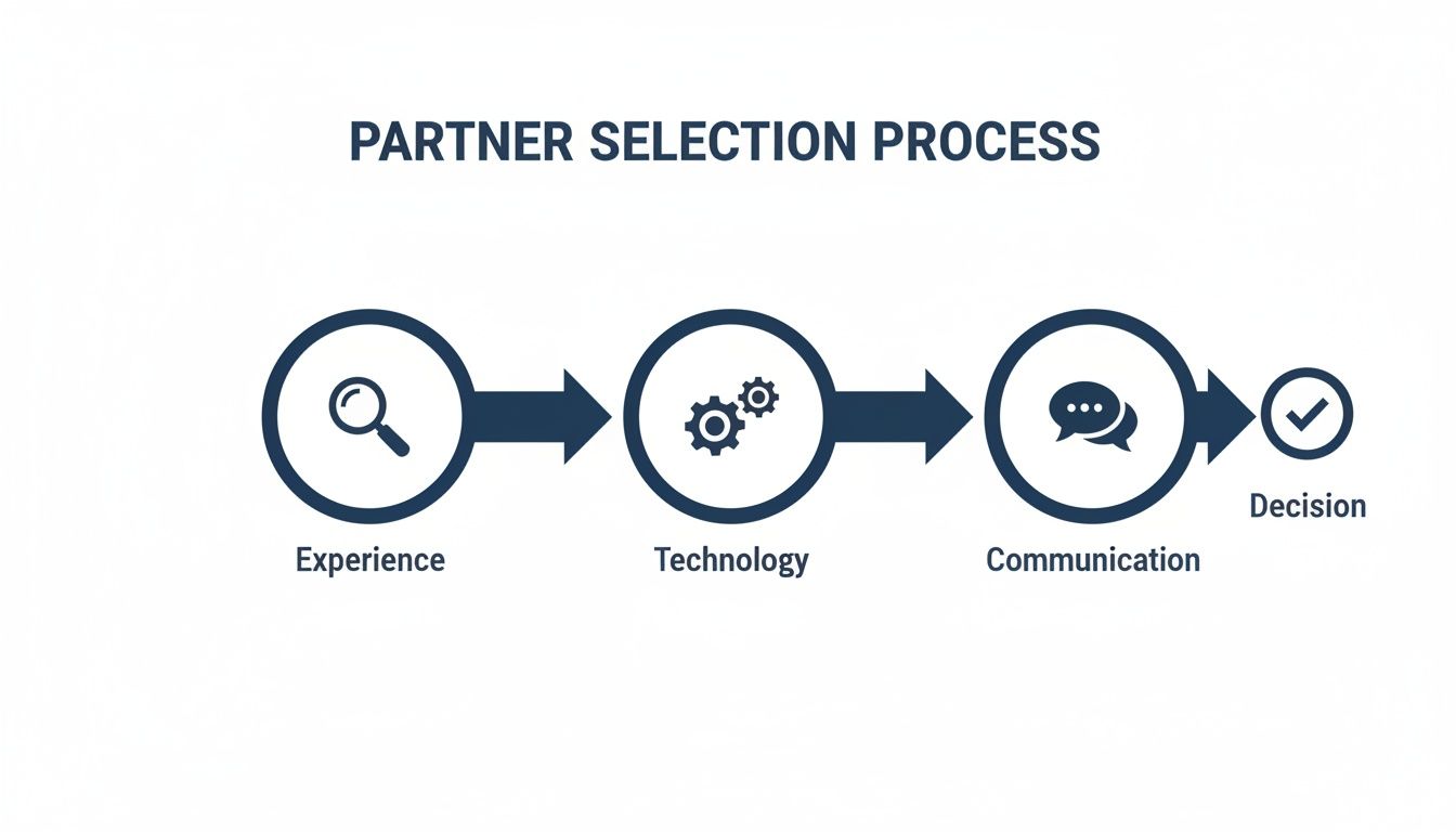 Flowchart illustrating the partner selection process, including steps for experience, technology, and communication leading to a decision.