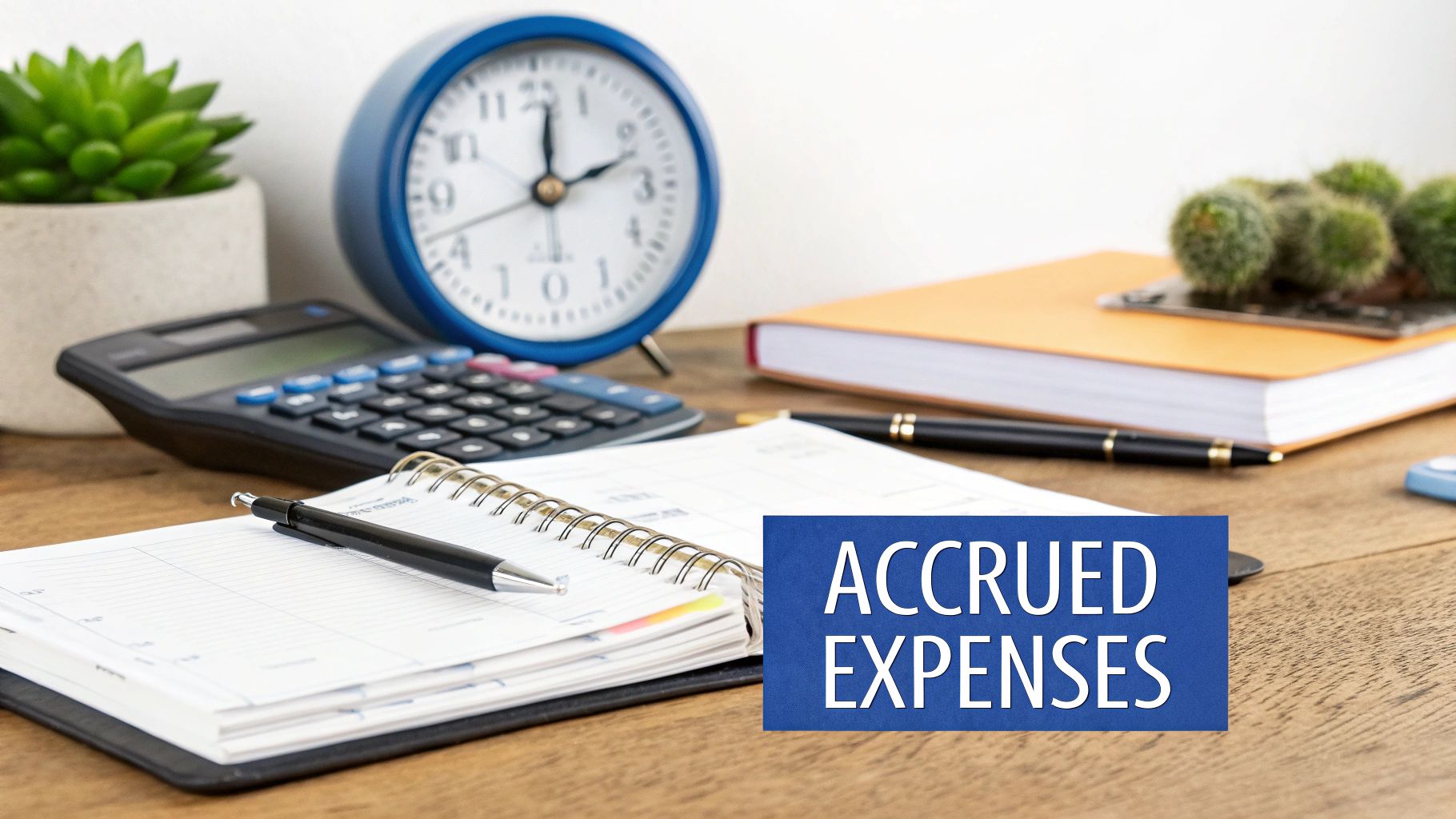 Desk with calculator, clock, potted plants, notebooks, and a sign displaying 'Accrued Expenses'.