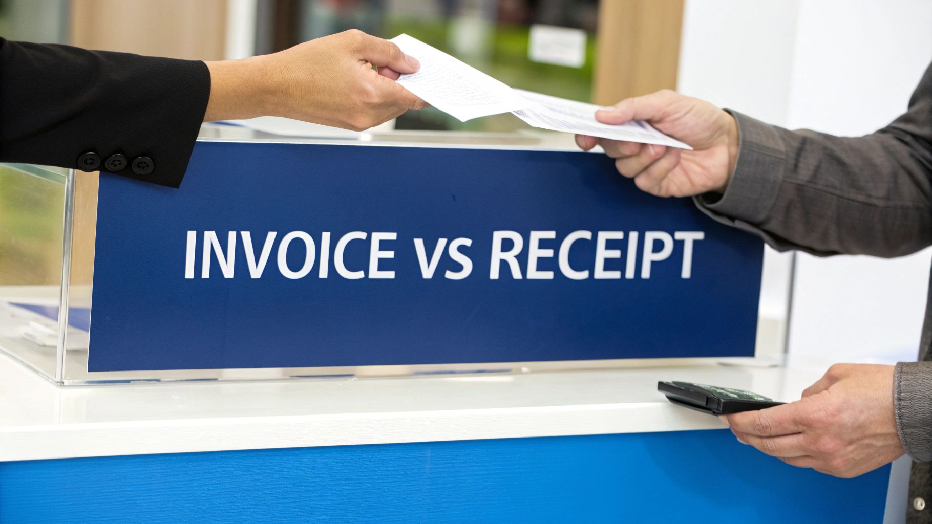 Two hands exchanging papers over a blue sign distinguishing between an invoice and a receipt.