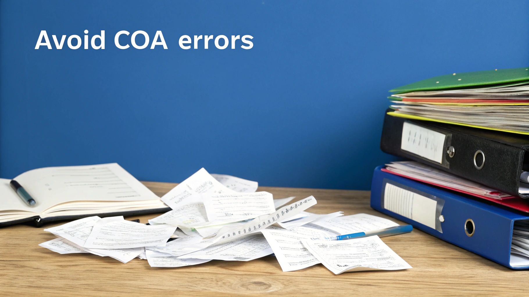 A desk with messy receipts, an open notebook, and stacked binders, with text 'Avoid COA errors' on a blue wall.